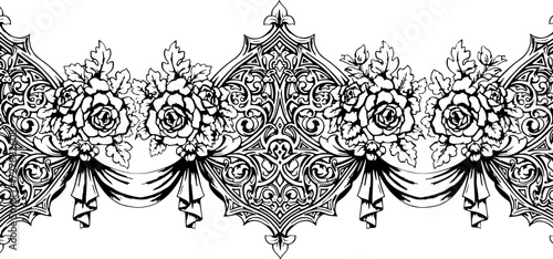 Elegant black and white ornate floral border design with roses and swirling filigree patterns silhouette and cutout removed background