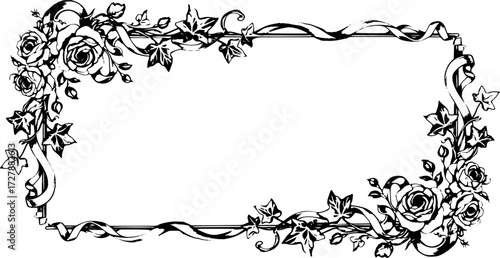 Elegant black and white floral border with roses and ivy, perfect for invitations or decorative designs. silhouette and cutout removed background