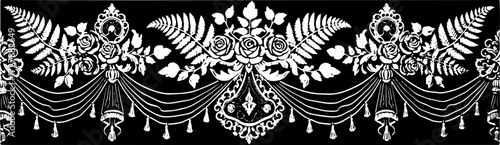 Stunning gold ornate floral decorative border with roses and drapery against black background silhouette and cutout removed background