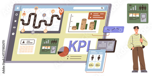 Digital dashboard displaying key performance indicators, data charts, financial info, and workflows. Person observing and analyzing insights. Ideal for strategy, management, planning, goals business