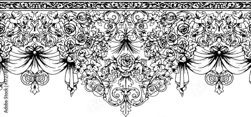 Elegant floral border with roses and draped fabric, vintage ornament for luxury design projects silhouette and cutout removed background