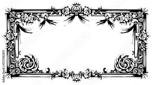 Elegant vintage floral ornamental frame with draped fabric and detailed scrollwork for luxurious design projects silhouette and cutout removed background
