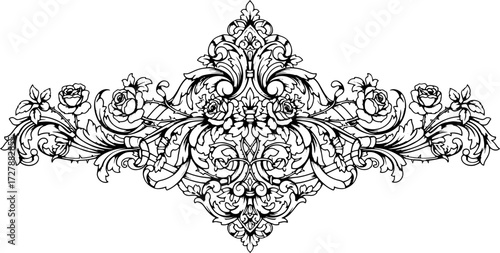 Elegant baroque flourish with roses and ornate scrollwork, perfect for luxurious invitations and vintage designs. silhouette and cutout removed background