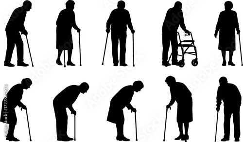 Silhouettes of Elderly People Using Canes and Walkers for Mobility Support, Highlighting Aging Posture and Assistive Walking Devices