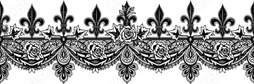 Elegant black and white ornate floral lace border with fleur de lis and roses silhouette and cutout removed background