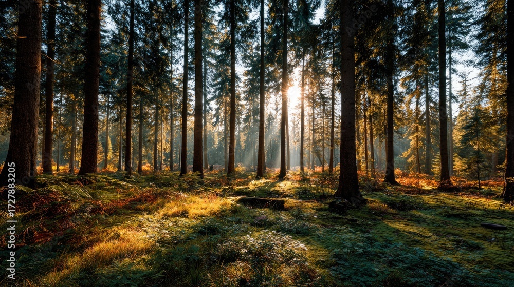 Fototapeta premium Scenic Forest Landscape with Sunbeams in Panorama