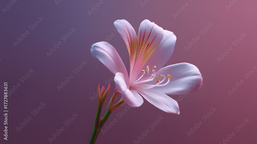 Naklejka premium Floral Elegance: A delicate, soft-pink flower, artfully captures a singular blossom in full bloom, set against a gradient backdrop of gentle purple hues.