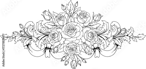 Elegant floral scrollwork with delicate roses and ornate leaves, perfect for invitations and branding silhouette and cutout removed background