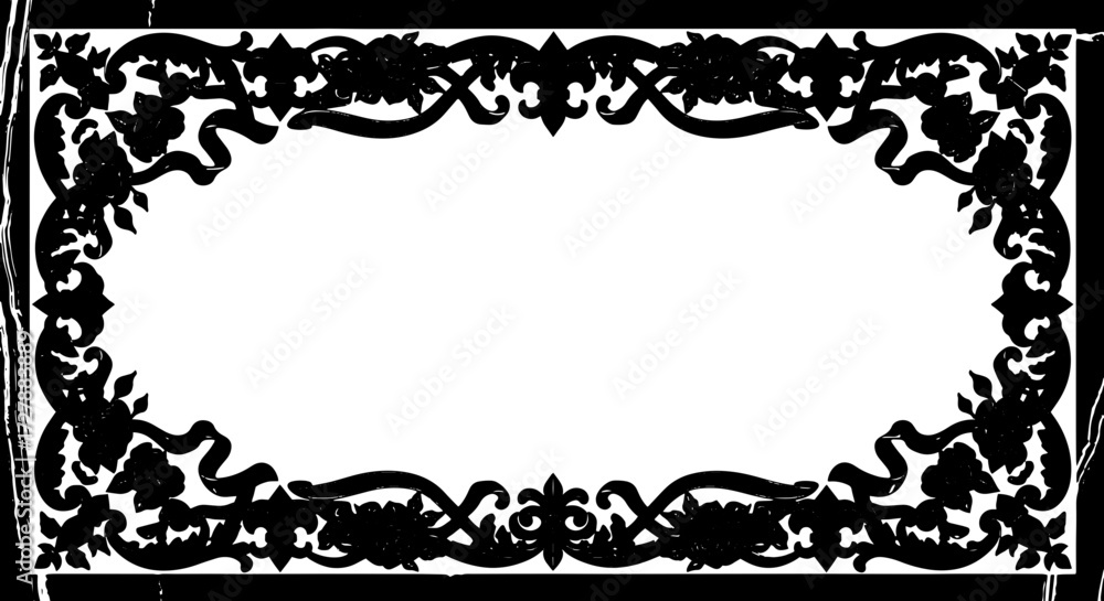 Naklejka premium Elegant black ornate floral frame with roses and fleur-de-lis on marbled background silhouette and cutout removed background