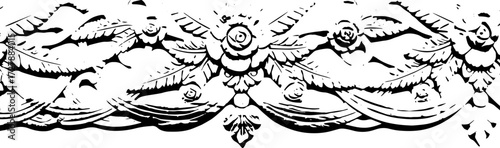 Exquisite vintage carved stone floral border design with intricate rose and leaf motifs silhouette and cutout removed background