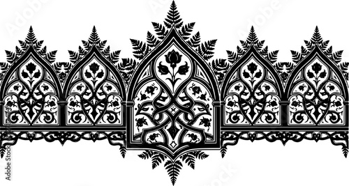 Intricate Gothic architectural border featuring roses and ferns, elegant black and white design silhouette and cutout removed background