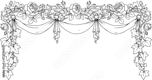 Elegant rose and ivy garland with flowing fabric drape, perfect for vintage invitations and wedding decor silhouette and cutout removed background