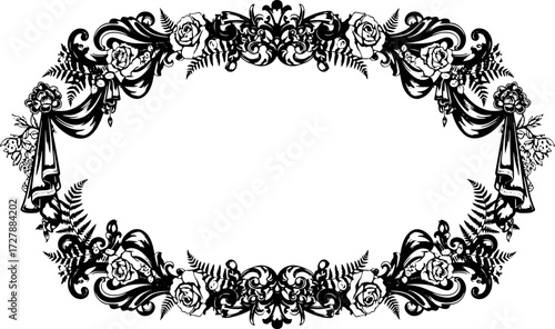Elegant vintage floral frame with roses and ornate swirls for sophisticated design projects silhouette and cutout removed background