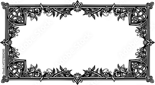 Elegant ornate black and white floral border design with vintage scrollwork and roses for invitations silhouette and cutout removed background
