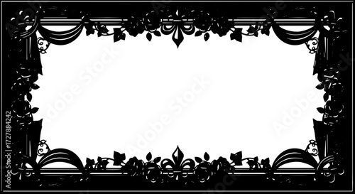 Elegant black ornate frame with roses and fleur de lis, perfect for formal invitations and vintage designs. silhouette and cutout removed background
