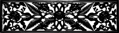 Elegant black ornate floral panel with roses and ribbons, classic decorative element silhouette and cutout removed background