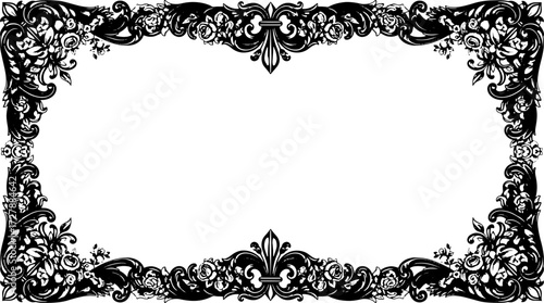 Elegant vintage floral scrollwork border design with fleur de lis accents, perfect for invitations silhouette and cutout removed background