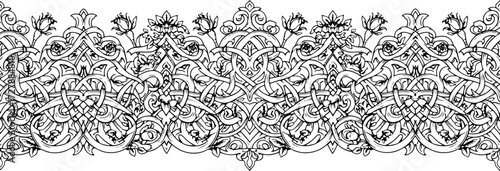 Intricate black and white Celtic knotwork border with floral motifs and roses silhouette and cutout removed background