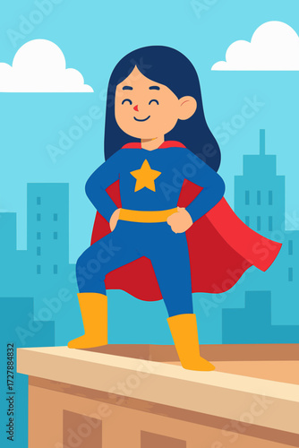 A flat vector illustration of a confident girl in a superhero costume standing heroically on a city rooftop