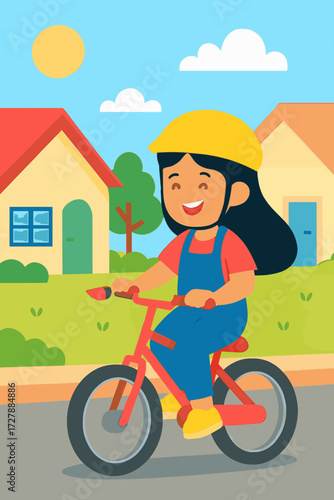 A flat vector illustration of a young girl riding a bicycle in a sunny suburban neighborhood