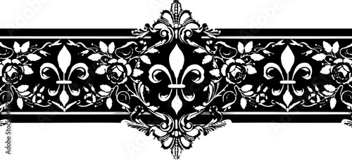 Elegant gold fleur-de-lis and rose ornamental border design on black background silhouette and cutout removed background