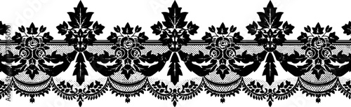 Intricate black lace border design with roses and leaves, elegant vintage decorative element silhouette and cutout removed background