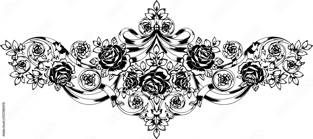 Fototapeta premium Elegant black and white rose floral border design with swirling ribbons and leaves silhouette and cutout removed background