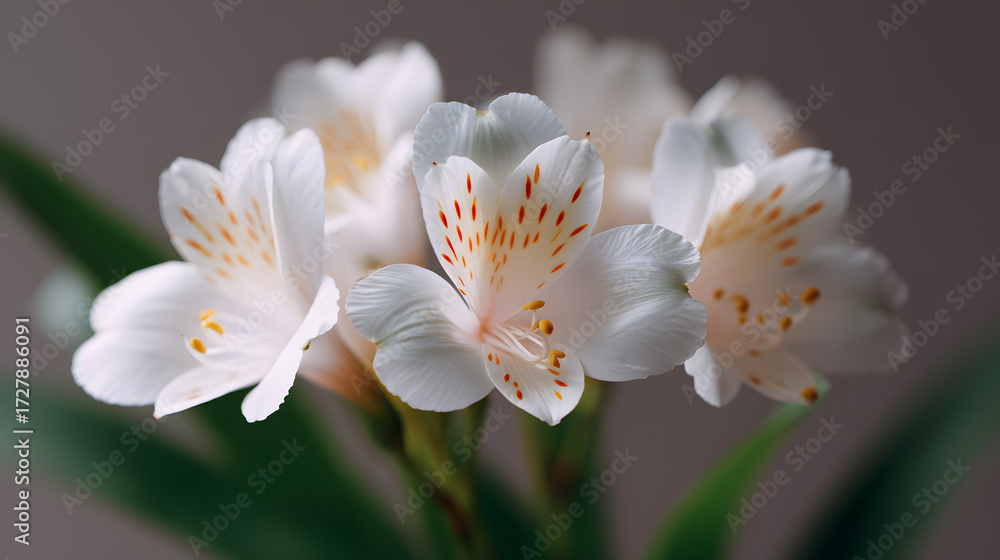 Fototapeta premium Alstroemeria Blossom: A close-up view showcases delicate, pure white alstroemeria flowers with intricate orange markings, capturing the exquisite details and gentle beauty.