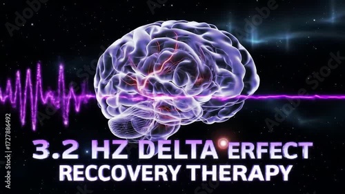 3.2 Hz Delta Brainwave Therapy for Deep Sleep and Recovery: Animated Human Brain with Pulsating Purple Waves in Space