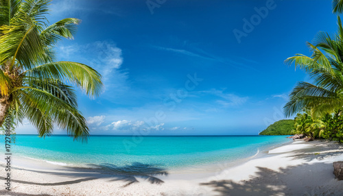 Beautiful Tropical Beach With Palm Trees And Clear Blue Water Panoramic Banner Generative Ai