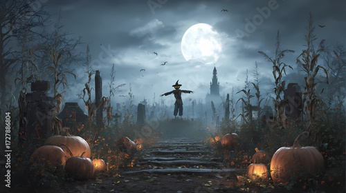 Spooky Halloween scene with scarecrow and pumpkins at night