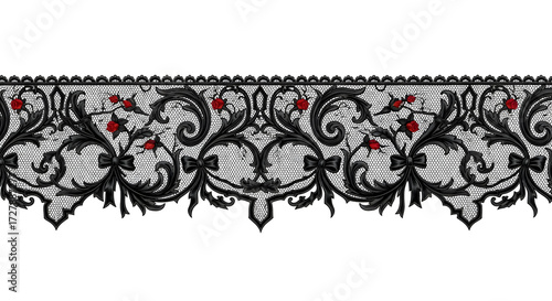 Elegant black lace trim with delicate red roses and bows, perfect for romantic designs