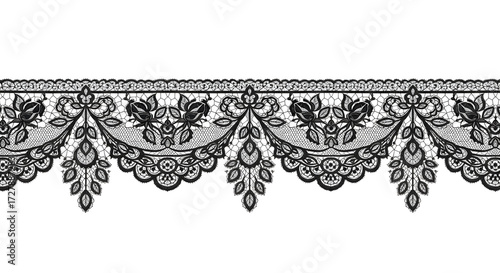 Elegant black lace border with intricate floral rose patterns, perfect for wedding invitations and design.