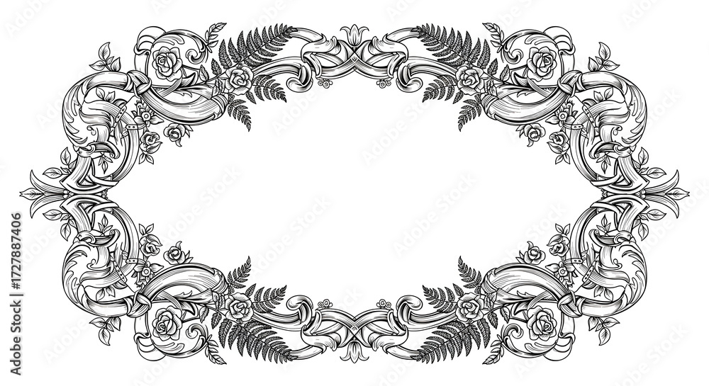 Naklejka premium Elegant vintage floral frame design with roses and ferns, perfect for invitations and formal documents