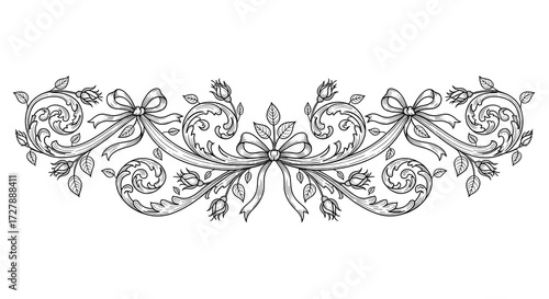 Elegant floral scrollwork with bows and rosebuds adds decorative vintage charm to invitations and designs.