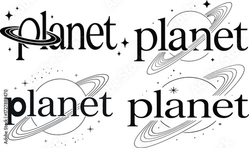 Planet typography design with stars and rings isolated on white background