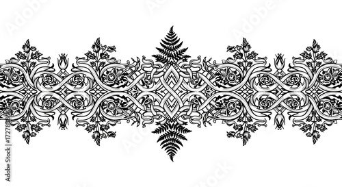 Intricate Celtic knotwork border with floral elements and fern motifs, elegant design for decorative applications