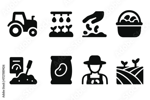 Kidney Bean Farming Icons. Solid, filled icon set of kidney bean farming: tractor, irrigation system, seed sowing, harvesting basket, soil testing, fertilizer