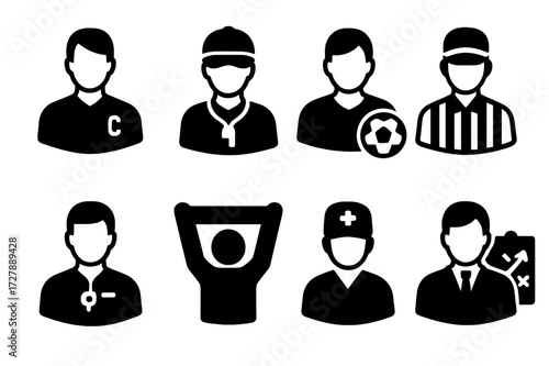 Sports Team Roles Icons. Solid, filled icon set of team roles in sports: captain, coach, player, referee, trainer, supporter, medic, strategist. [Line icons in