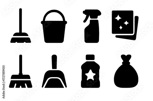 Kitchen Cleaning Icons. Solid, filled icon set of kitchen cleaning tools: mop, bucket, spray bottle, cleaning cloth, broom, dustpan, surface cleaner, trash
