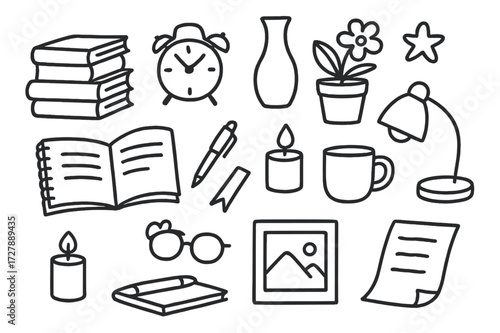 Bookshelf Doodle Accents. Hand-drawn doodle illustration Decorative bookshelf accents [stacked books, clock, vase, candle, plant pot, flower, notebook, pen,
