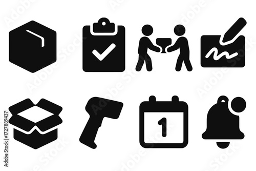 Delivery Icons Grid. Solid, filled icon set of package receipt: parcel box, clipboard with checkmark, delivery handoff, signature pad, open box, barcode
