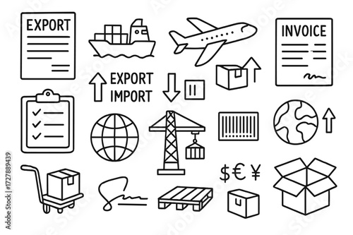 Global Trade Doodle. Hand-drawn doodle illustration export and import documents cargo ship, airplane, checklist, barcode, invoice, globe, product box, arrows,