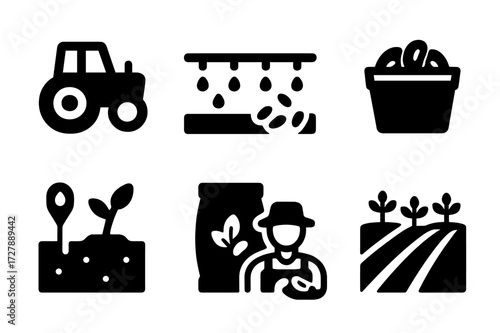 Navy Bean Farming Icons. Solid, filled icon set of navy bean farming: tractor, irrigation system, seed sowing, harvesting basket, soil testing, fertilizer bag,
