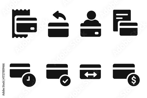 Credit Card Icon Set. Solid, filled icon set of credit card transactions: purchase receipt, refund, chargeback, balance inquiry, statement, transaction