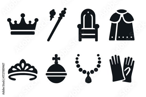 Queen's Regalia Icons. Solid, filled icon set of queen regalia: crown, scepter, throne, royal robe, tiara, orb, royal necklace, gloves. Solid, filled icons in