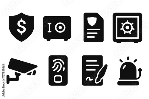 Wealth Protection Icons. Solid, filled icon set of wealth protection: shield with dollar, lockbox, insurance document, safe vault, security camera, biometric