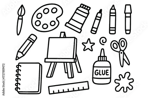 Art Supplies Doodle. Hand-drawn doodle illustration Art supplies paintbrush, palette, tube, crayon, marker, pencil, notebook, easel, canvas, scissors, glue,