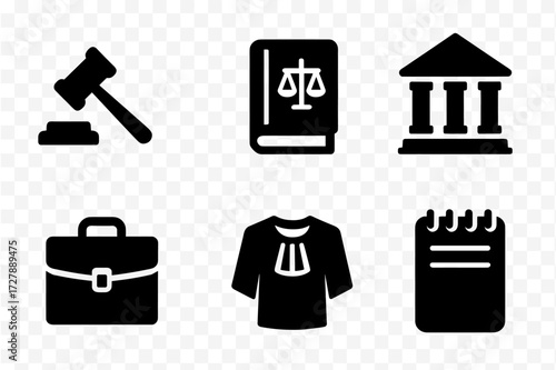 Legal Tools Icons. Solid, filled icon set of legal tools: gavel, scales of justice, law book, courthouse, briefcase, legal robe, stamp, notepad. [Solid, filled