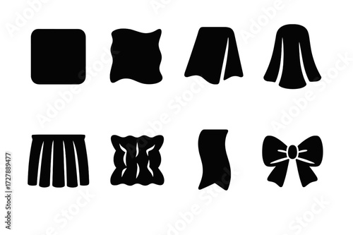 Satin Texture Icons. Solid, filled icon set of satin fabric textures: smooth satin, glossy finish, folded satin, draped satin, pleated satin, ruched satin,